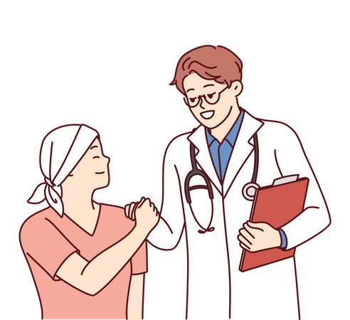Un médecin serre la main d'un petit patient atteint d'un cancer et qui subit une chimiothérapie pour lutter contre le cancer  Illustration