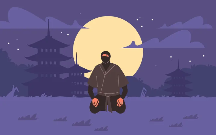 Un ninja con ropa tradicional se arrodilla bajo el cielo iluminado por la luna.  Ilustración