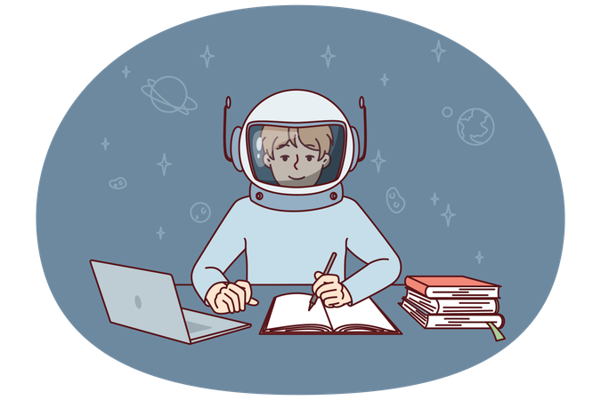 Un niño con traje espacial se sienta a la mesa con una computadora portátil y libros de texto tomando notas en un cuaderno de ejercicios.  Ilustración