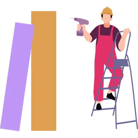 Un niño está parado en una escalera sosteniendo una máquina perforadora.  Ilustración