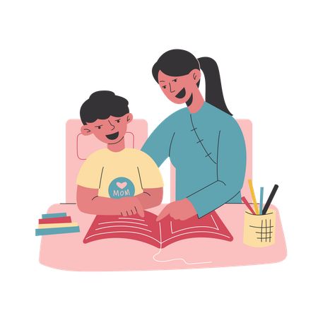 Un niño y su mamá estudian juntos  Ilustración