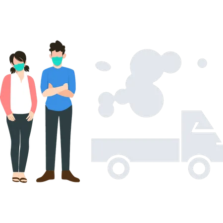 Un niño y una niña llevan máscaras para protegerse de la contaminación de los vehículos.  Ilustración