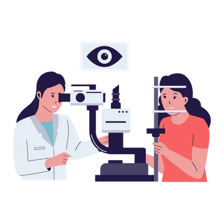 Ophtalmologiste vérifiant la vue de son patient à l'aide d'un appareil de test oculaire  Illustration