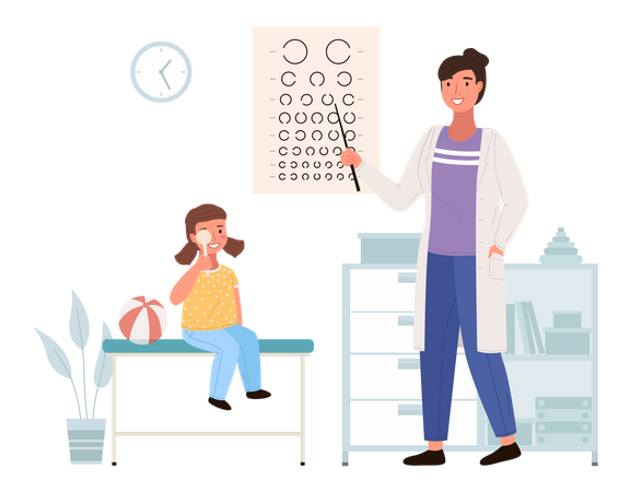 L'optométriste vérifie la vue de l'enfant  Illustration