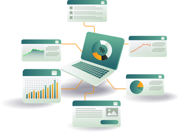 Un ordinateur portable affichant divers graphiques et diagrammes, représentant des analyses de données et des statistiques  Illustration