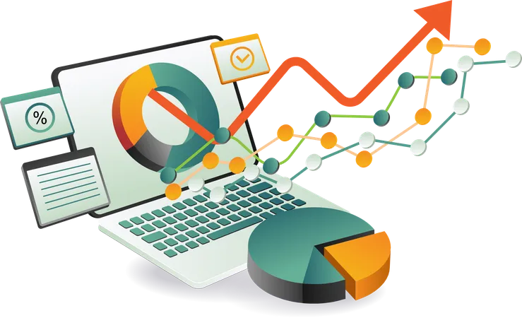 Un ordinateur portable affichant un graphique circulaire coloré et divers graphiques sur l'écran  Illustration