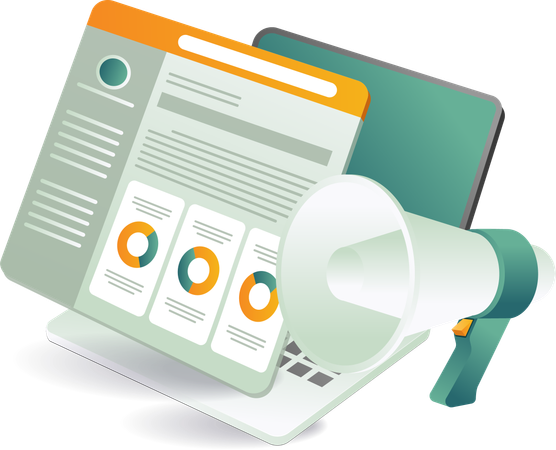 Un ordinateur portable avec un mégaphone et un document, une application de compte Web  Illustration