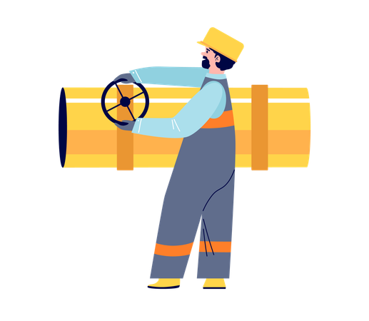 Un ouvrier portant un casque et un uniforme d'une raffinerie de pétrole ouvre une vanne sur un gros tuyau  Illustration