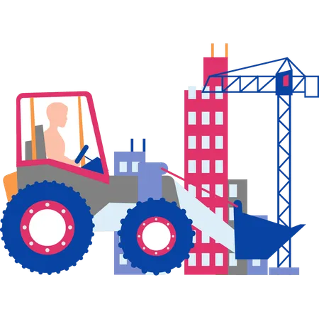 Un ouvrier conduit un tracteur sur un chantier de construction  Illustration