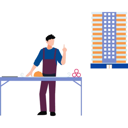 Le travailleur crée un plan pour un bâtiment  Illustration