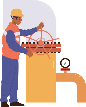 Un travailleur professionnel de l'industrie pétrolière en uniforme assure l'inspection technique des pipelines  Illustration