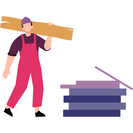 Un ouvrier transporte du bois  Illustration