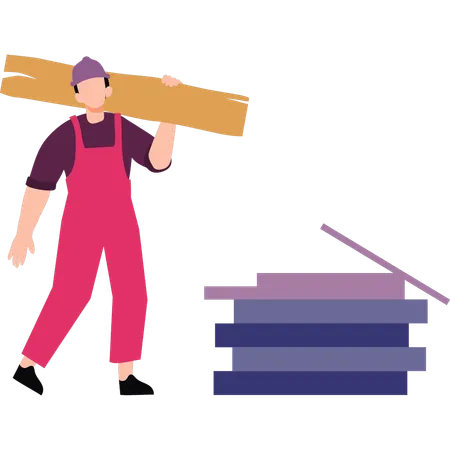 Un ouvrier transporte du bois  Illustration
