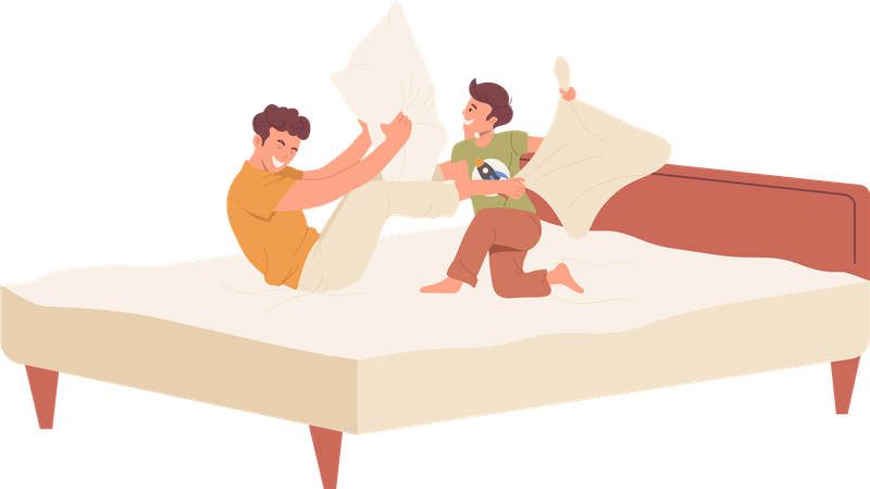 Un padre muy alegre y un hijo pequeño jugando almohadas en la cama pasando tiempo juntos  Illustration