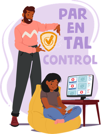 Un padre supervisa atentamente las actividades en línea de su hijo mediante controles parentales en PC y dispositivos móviles  Ilustración