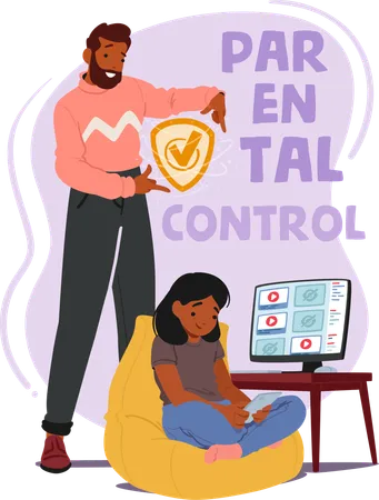 Un padre supervisa atentamente las actividades en línea de su hijo mediante controles parentales en PC y dispositivos móviles  Ilustración