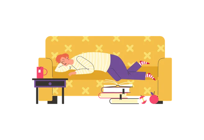 Un hombre perezoso duerme en un sofá en casa hecho un desastre  Ilustración