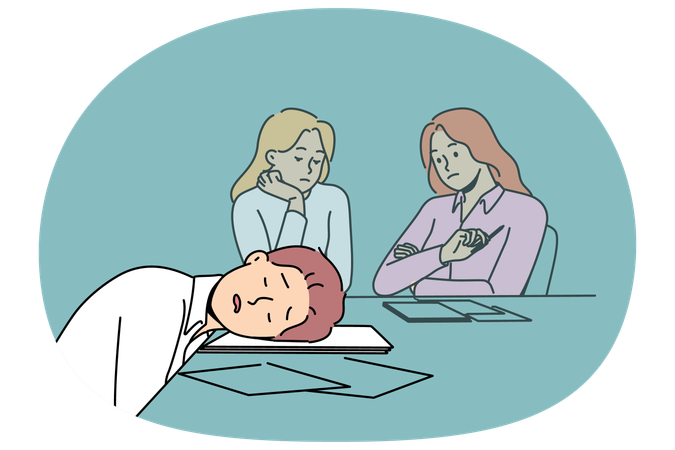 Un hombre perezoso duerme en una reunión de negocios por falta de ambición y motivación para trabajar productivamente.  Ilustración
