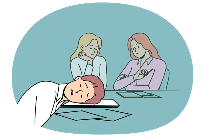 Un hombre perezoso duerme en una reunión de negocios por falta de ambición y motivación para trabajar productivamente.  Ilustración
