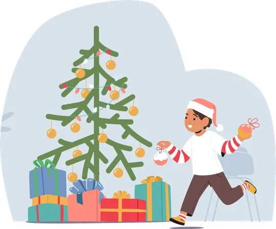 Un personnage de garçon joyeux orne le sapin de Noël avec des ornements colorés  Illustration