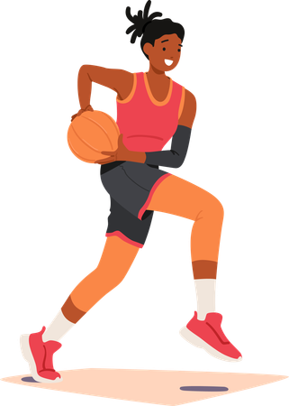 Un personnage déterminé de joueuse de basket-ball se précipite sur le terrain  Illustration