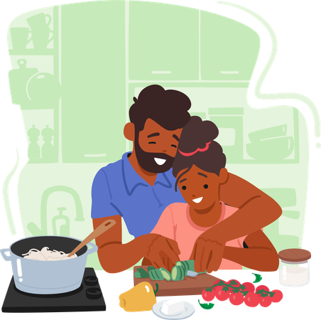 Le personnage d'un père aimant guide patiemment sa fille curieuse à travers l'art de cuisiner dans une cuisine chaleureuse  Illustration