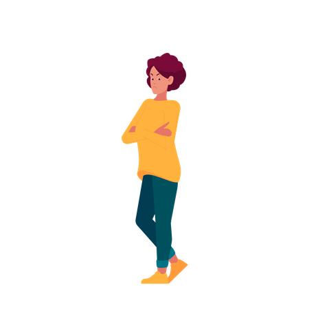 Un personnage féminin bouleversé exprime une frustration et une colère intenses, debout avec les mains croisées sur la poitrine  Illustration
