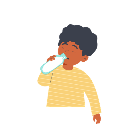 Un petit garçon boit du lait dans une bouteille en verre  Illustration