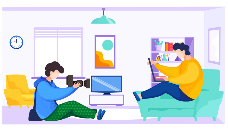 Un photographe prend des photos d'un homme assis avec un ordinateur portable  Illustration
