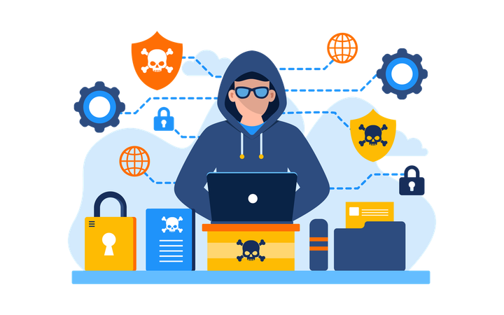 Un pirate informatique pirate des données sensibles à partir d'un ordinateur portable  Illustration