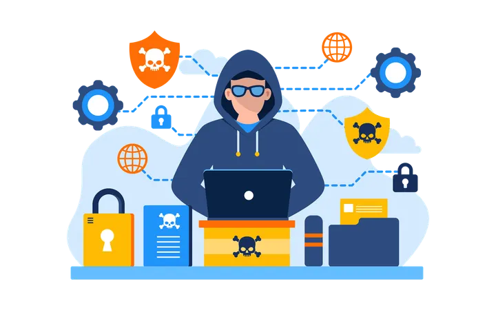 Un pirate informatique pirate des données sensibles à partir d'un ordinateur portable  Illustration