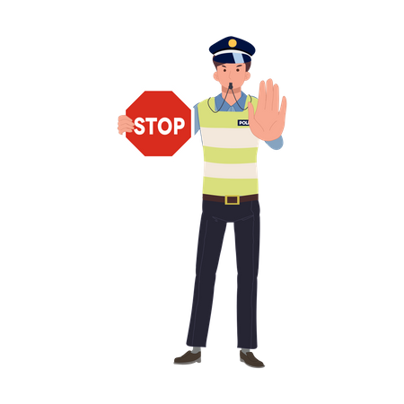 Un policía de tránsito haciendo un gesto con la mano para detenerse y silbar  Ilustración