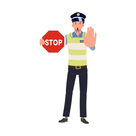 Un policía de tránsito haciendo un gesto con la mano para detenerse y silbar  Ilustración
