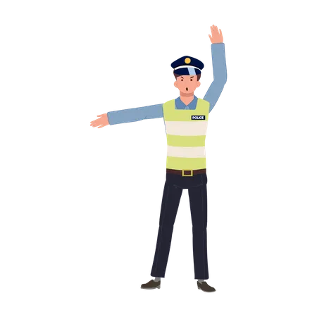 Un policía de tránsito hace un gesto con la mano para detenerse y dar señales de otro camino.  Ilustración