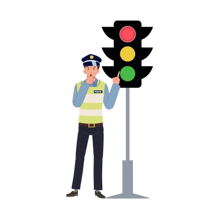 Un policía de tránsito haciendo sonar el silbato y señalando con el dedo índice el semáforo en rojo  Ilustración