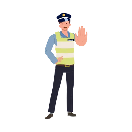 Un policía de tránsito haciendo un gesto con la mano como parada  Ilustración