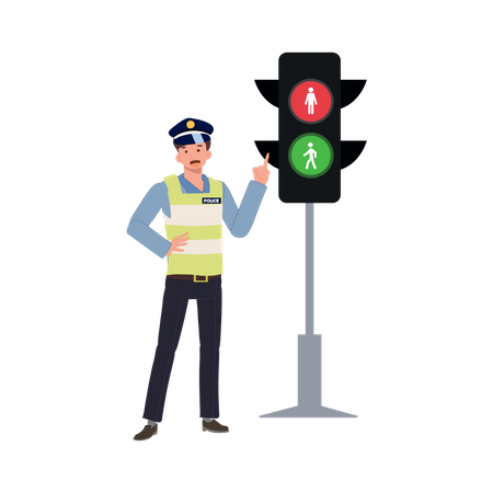 Un policía de tránsito señala con el dedo índice el semáforo para enseñar las reglas de tránsito  Ilustración