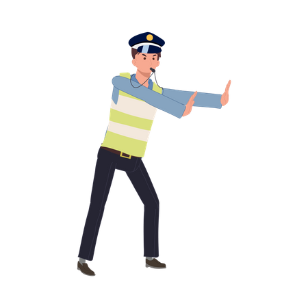 Un policía de tránsito haciendo sonar el silbato y gesticulando con la mano como parada  Ilustración