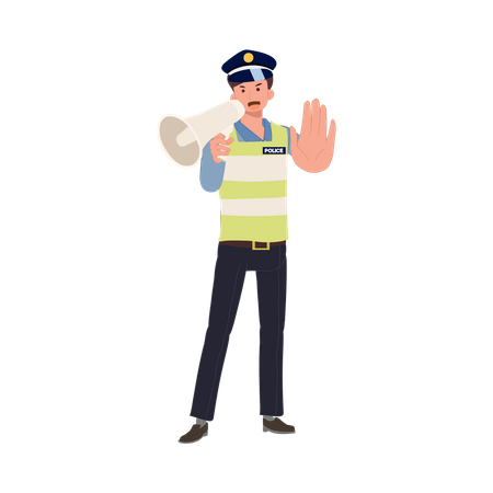 Un policía de tránsito sosteniendo un megáfono y haciendo un gesto de parada con la mano.  Ilustración