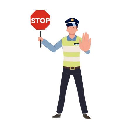 Un policía de tránsito sosteniendo una señal de alto y haciendo un gesto con la mano.  Ilustración