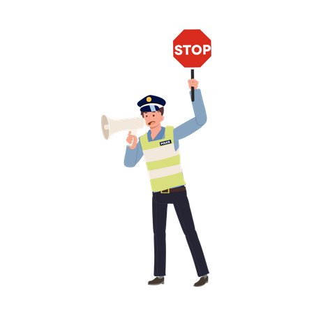 Un policía de tránsito sosteniendo una señal de alto y hablando con un megáfono  Ilustración