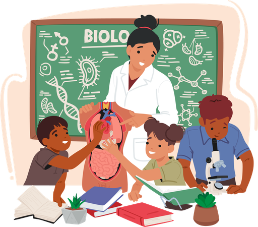 Un professeur de biologie passionné engage des enfants curieux en classe  Illustration