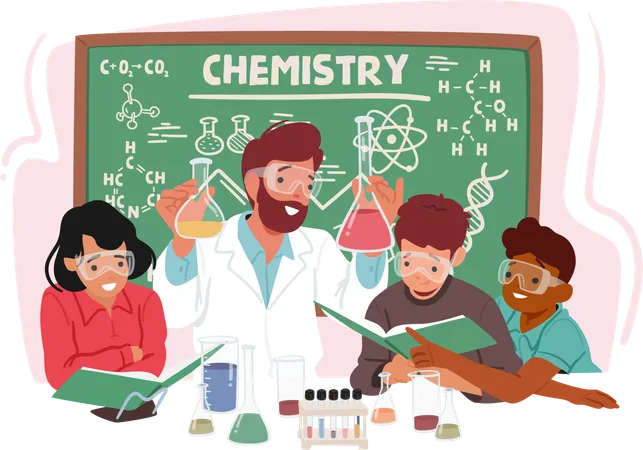 Un professeur de chimie enthousiaste engage un groupe d'enfants impatients dans une salle de classe  Illustration