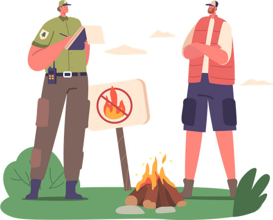 Un garde forestier inflige une amende à un intrus qui brûle un feu dans la forêt  Illustration