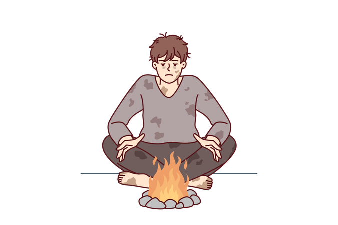 Un sans-abri vêtu de vêtements sales se réchauffe les mains, assis près du feu, essayant de survivre en raison du manque de propre maison  Illustration