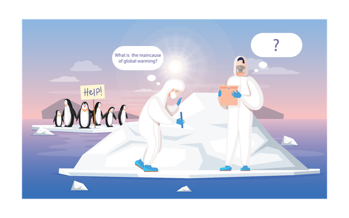 Un scientifique effectue des recherches sur la fonte des glaciers  Illustration