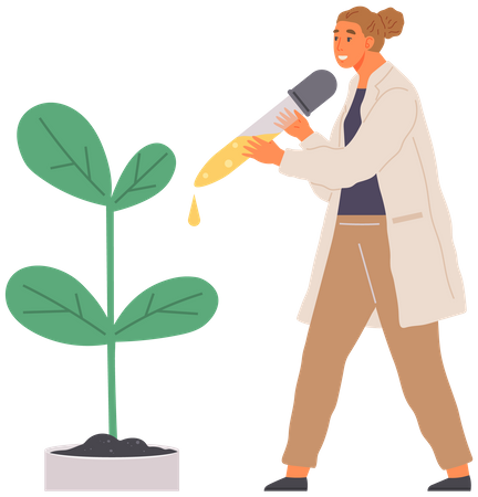 Un scientifique laisse tomber un produit chimique sur une plante  Illustration