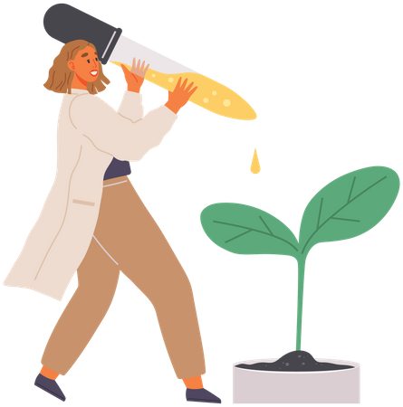 Un scientifique laisse tomber un produit chimique sur une plante  Illustration