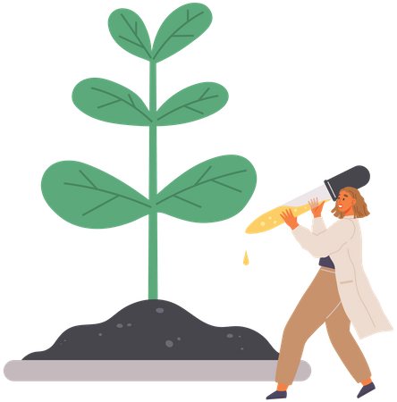 Un scientifique laisse tomber un produit chimique sur une plante  Illustration