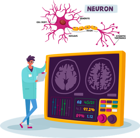 Un scientifique regarde le cerveau humain avec un schéma de neurones en laboratoire  Illustration